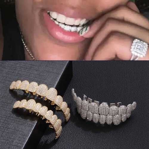 10/10 Dentes com Pedra Gelada e Tampas de Dentes Douradas 2