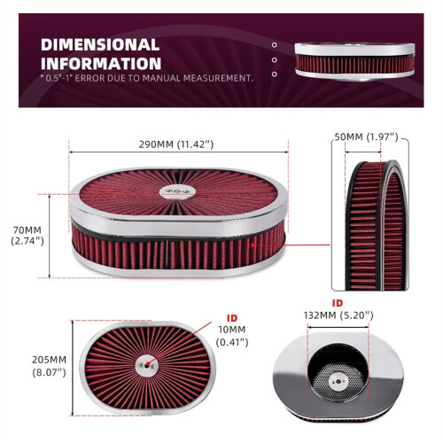 Car Oval Air Cleaner Filter for 5-1/8Inch Interface Neck Red 2