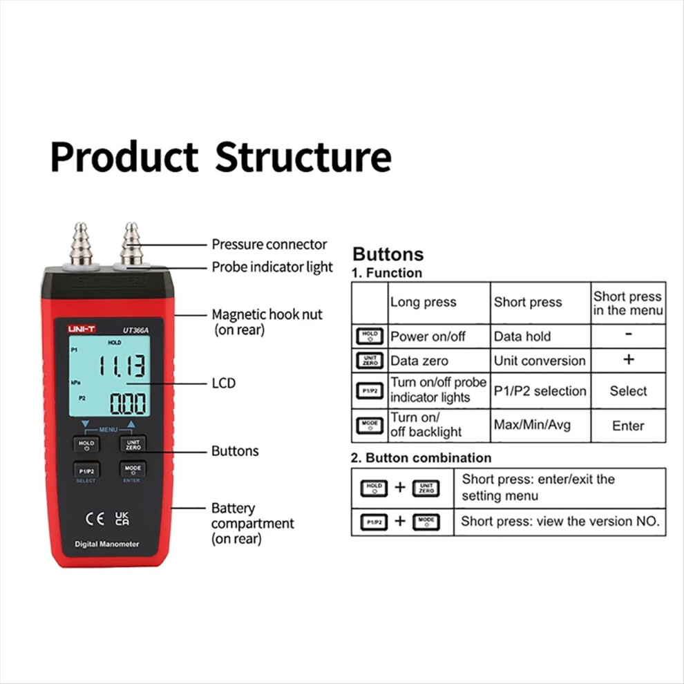 Uni-T Digital Manometer Ut366a Air Pressure Gauge Measuring Device 4852911571515