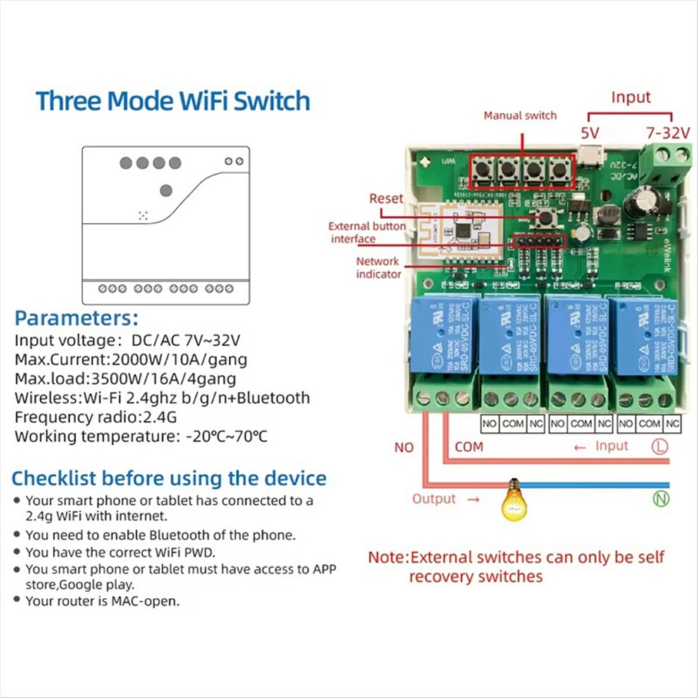 Ewelink Smart Switch 4 Channel Smart Wifi Switch Module 7-32V 4852911579054