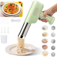 Electric Pasta Maker, Portable Noodle Maker with 2600mAh Battery, 5 Pasta Moulds, 3 Sausage Heads, Spatula and Measuring Cup, Automatic Noodle Maker