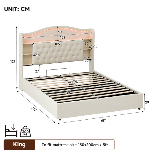 King Bed Storage with Curved LED Headboard, Beige 1