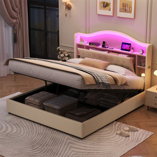 King Bed Storage with Curved LED Headboard, Beige 2