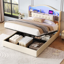 Double Bed Storage with Curved LED Headboard,Beige