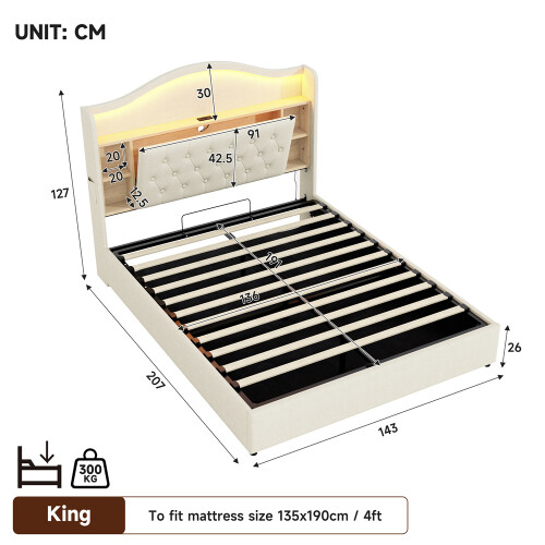 Double Bed Storage with Curved LED Headboard,Beige 1