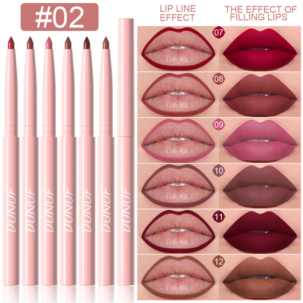 (#02) 6pcs Waterproof Velvet Matte Rose Lip Liner Pencil Kit High Pigment