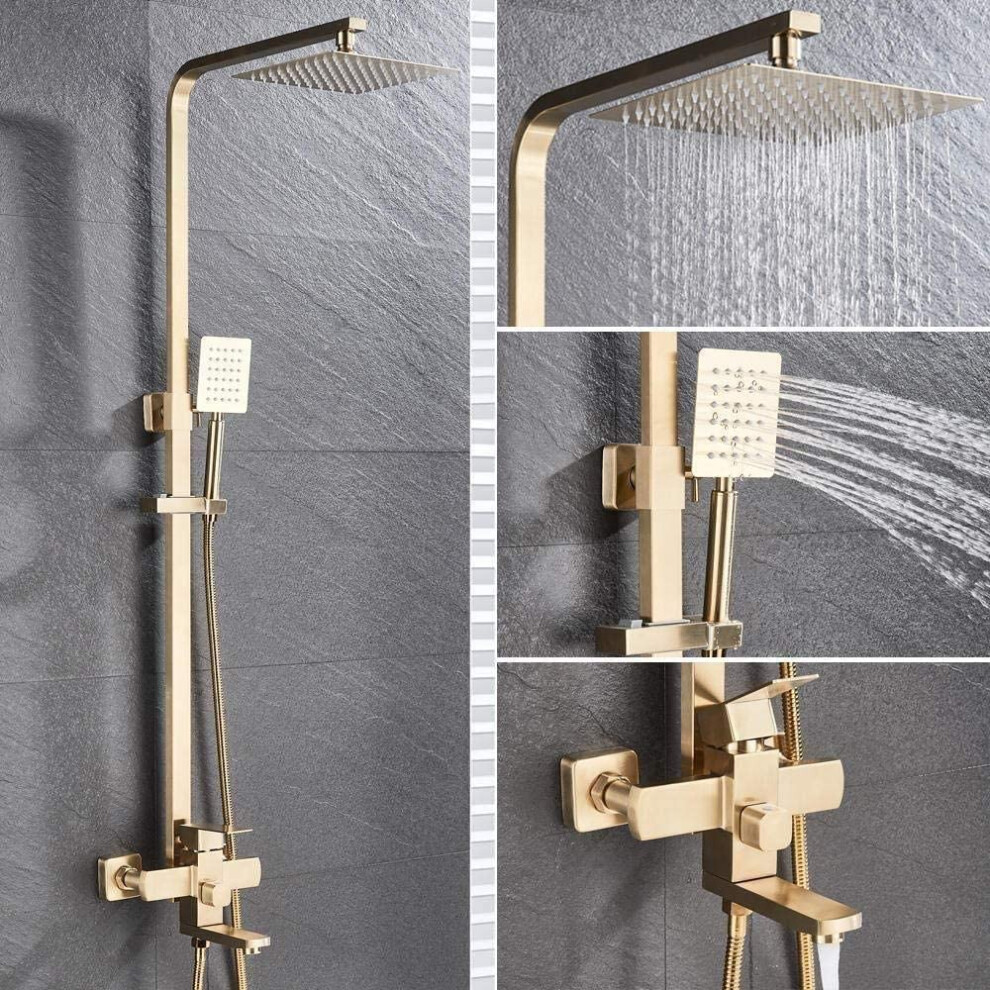Shower System Brushed Gold Wall Mounted Rain Shower Set, 12-Inch Shower Set, Bathtub Mixer Tap-image-OPC-PKVB5BY-NEW