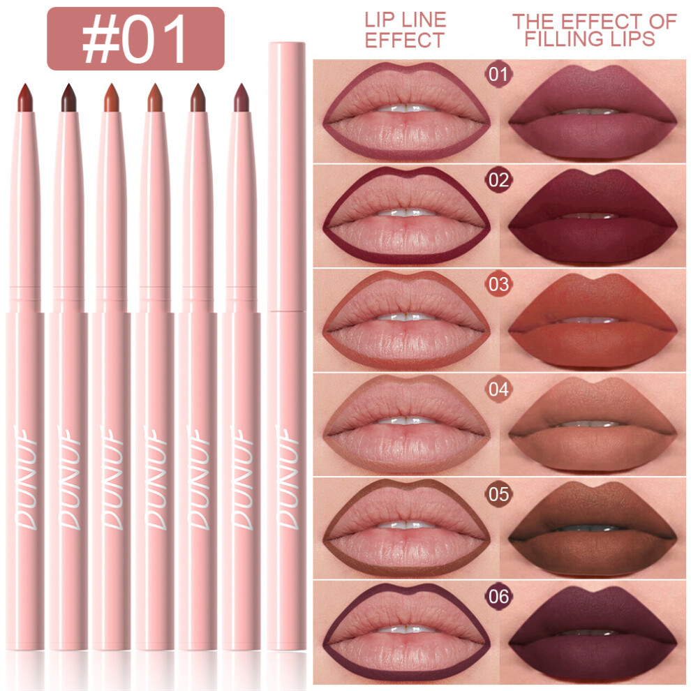 (#01) 6pcs Waterproof Velvet Matte Rose Lip Liner Pencil Kit High Pigment Long Lasting