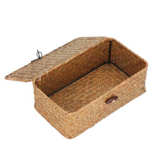 Storage Baskets with Lids, Seagrass Rectangular Wicker, Natural Rattan Organizer Box for Makeup and Clothes, Size L