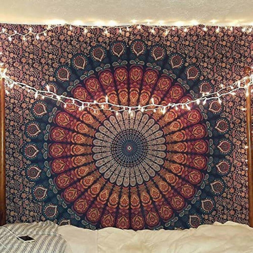 Kikidex (As Show, One Size) Wekity Hippie Bohemian Psychedelic Golden Peacock Mandala Wall Hanging Bedding Tapestry(Golden Size:70.9" X 90.6&Q Blue
