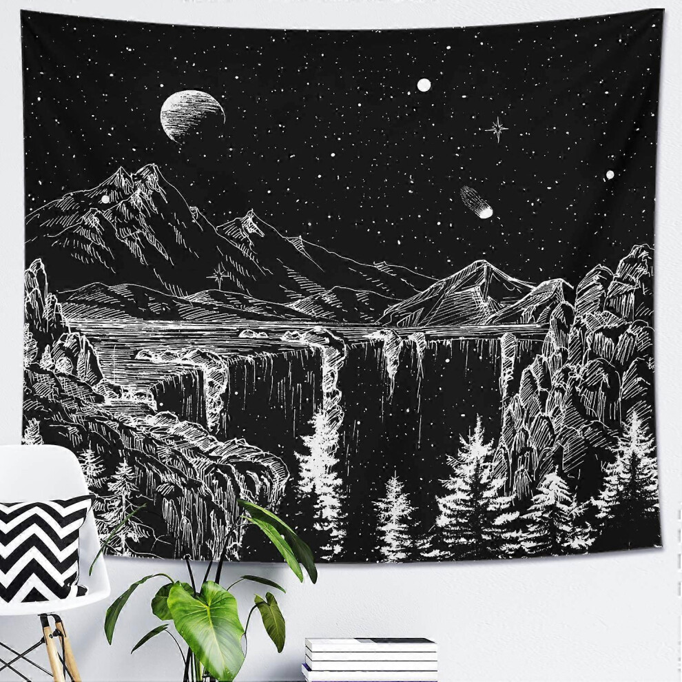 Kikidex (As Show, One Size) Wekity Starry Night Tapestry Mountain Tapestry Moon And Stars Tapestry Black And White Wall Tapestry For Bedroom Living Room Dorm White,Black