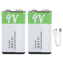 2Pcs 9V Rechargeable Batteries USB 650mah with Data Cable LED