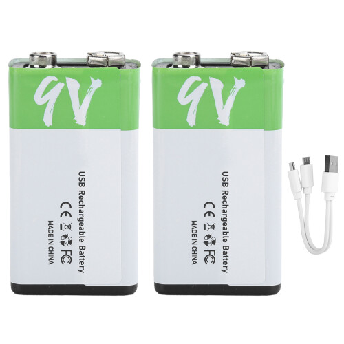 2Pcs 9V Rechargeable Batteries USB 650mah with Data Cable LED