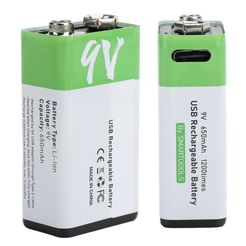 2Pcs 9V Rechargeable Batteries USB 650mah with Data Cable LED 2