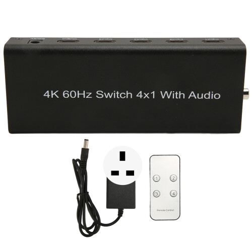 (EU Plug) 4K 4-in-1 HDMI Switch with Remote 100-240V UK Plug