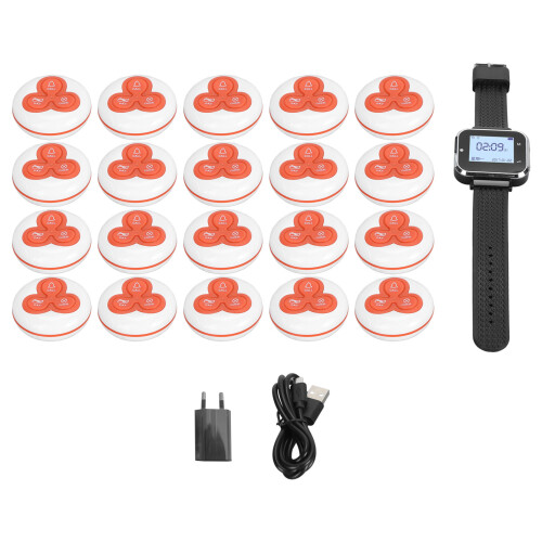 (UK Plug) Wireless Calling System 3 Modes LCD IPX4 Waterproof 20 Pagers