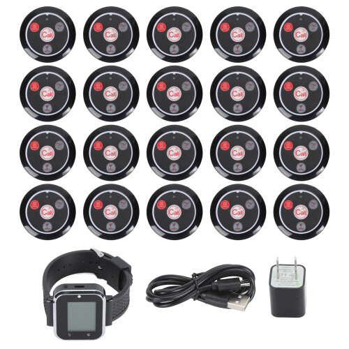 (US Plug) Wireless Call System 3 Modes LCD Rechargeable 20 Pagers IPX4