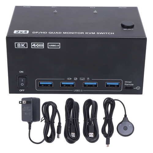 (US Plug) KVM Switch 4K 144Hz 4 Displays 2 Computers with 4 USB 3.0 US Plug