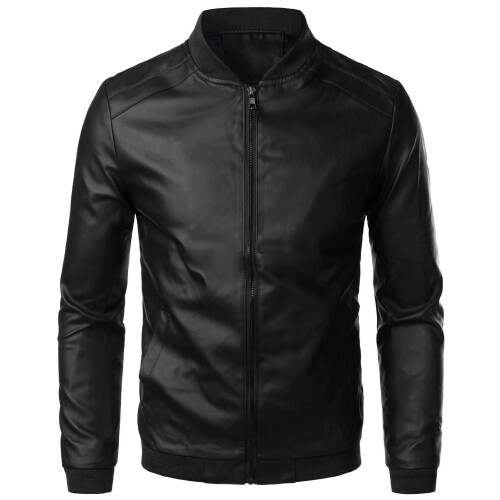 Herren Lederjacke Slim Fit PU Schwarz XL 2