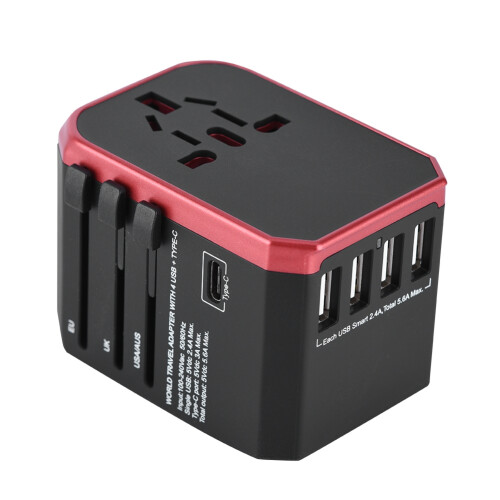 Universal-Reiseadapter mit 4 USB-C-Anschlüssen (Rot)