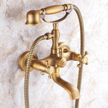Wall Mounted Bath Mixer Taps With Shower Head Vintage Antique 2-Hole Double Cross Handle
