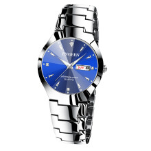 (【 Men's Style 】 White steel - blue dial) Korean version simple and fashionable tungsten steel color women's student watch, men's and women's expression couple ultra-thin quartz watch