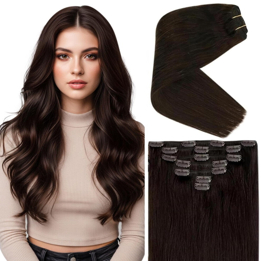 Ve Sunny Unisex Brown Sunny Clip On Hair Extensions Human Hair Darkest Hair Clip In Human Hair Extensions Dark Clip In Hair Extensions Natural Hair 120G 7Pcs 18