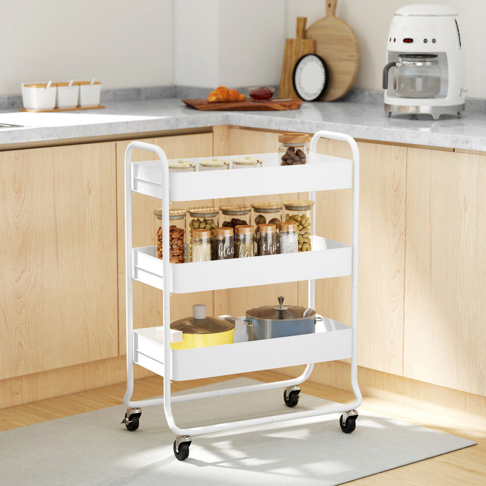 Homcom White (White) 3-Tier Storage Trolley, Storage Cart With Mesh Backets, Wheels