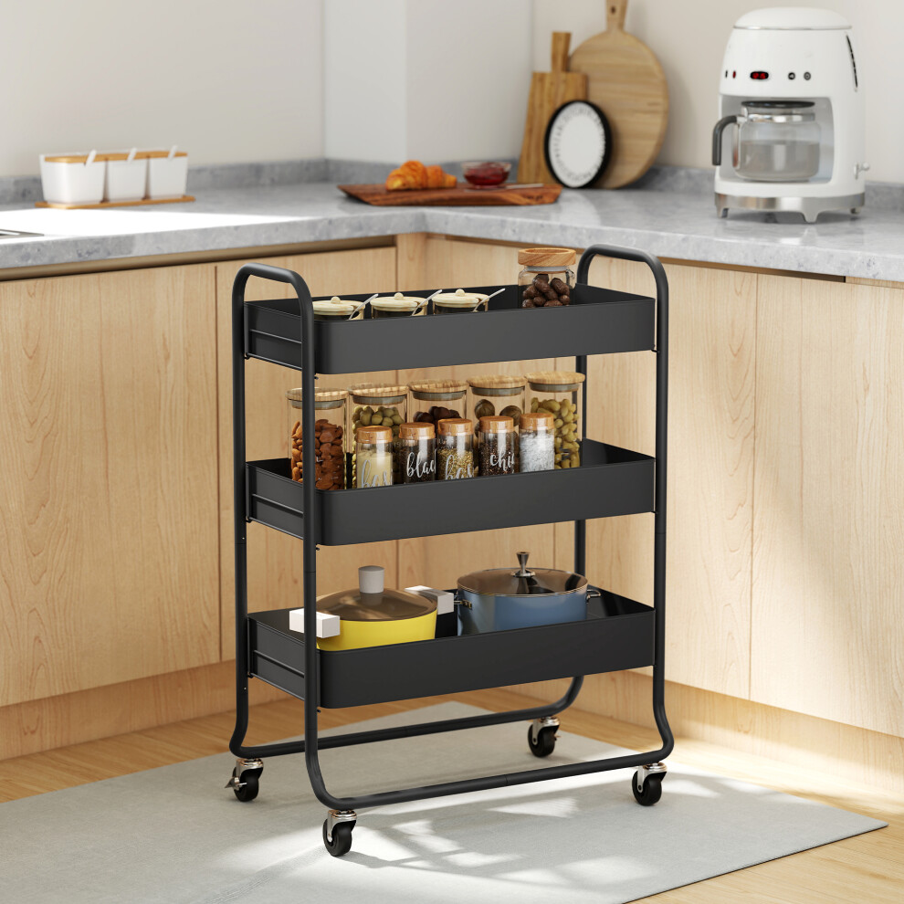 Homcom 3-Tier Storage Trolley, Storage Cart With Mesh Backets, Wheels Black