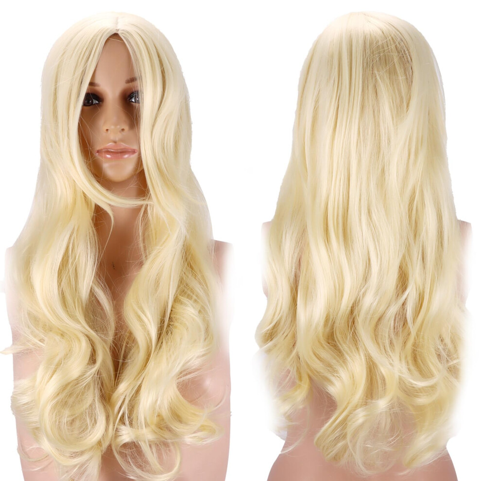 Unisex Long Blonde Wigs For Women, Curly 27 Inch Synthetic Hair, Daily Wear Cosplay Masquerade Fancy Dress