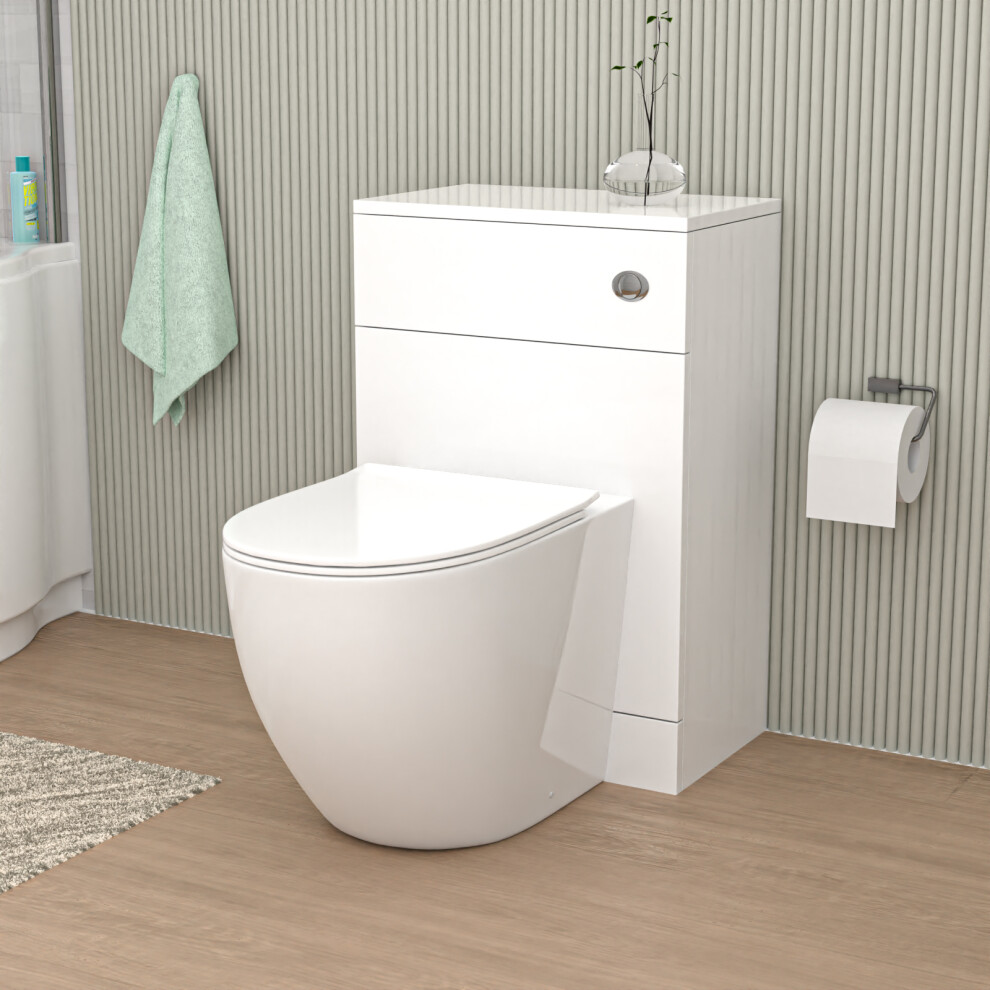 Nes Home 500Mm Wc Unit & D Shape Rimless Round Back To Wall Toilet With Cistern