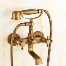 Bath Mixer Tap With Handheld Shower Head Set, Double Cross Handles, Wall Mounted, Brass Antique Retro Finish