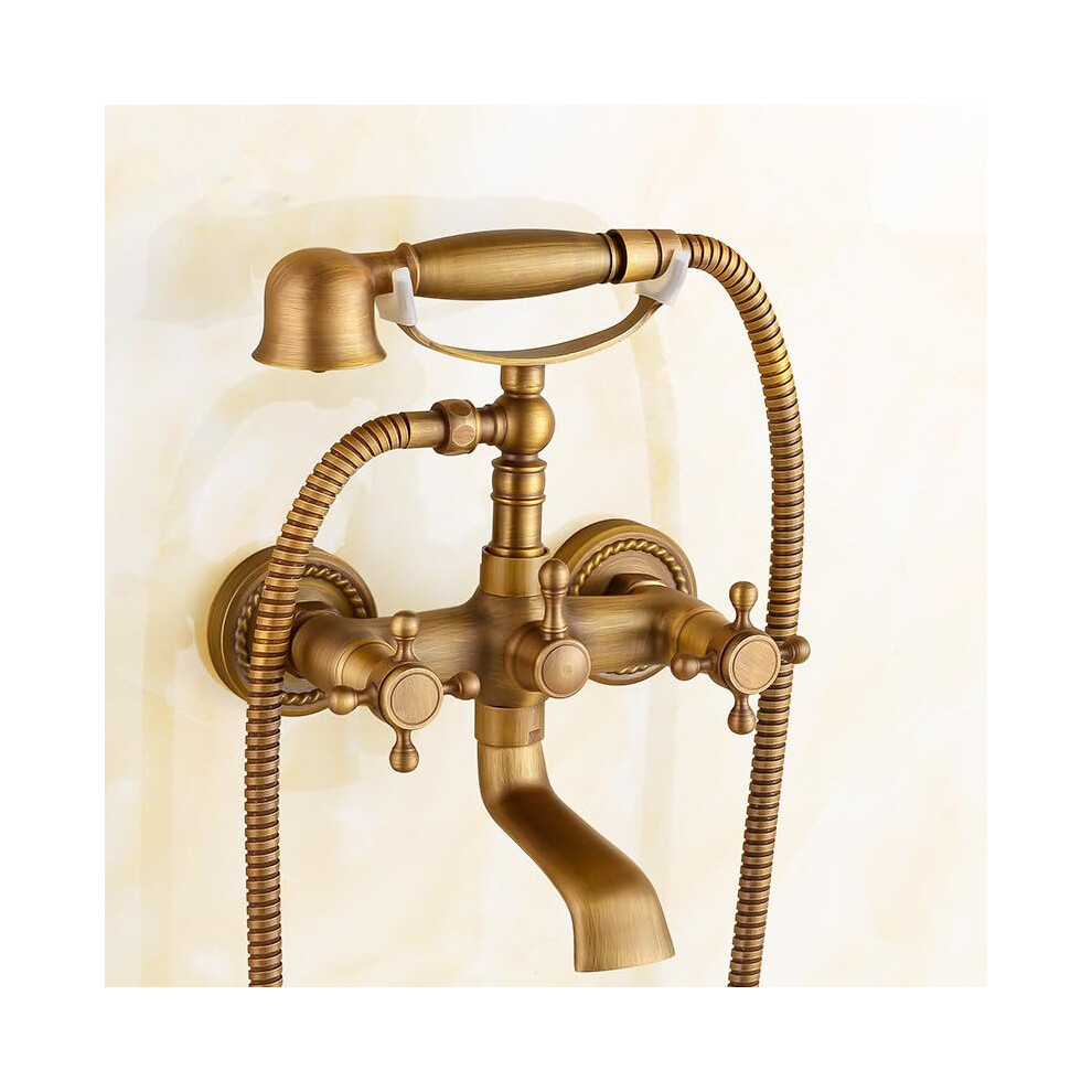 Bath Mixer Tap With Handheld Shower Head Set, Double Cross Handles, Wall Mounted, Brass Antique Retro Finish 9354506057428