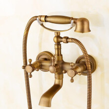 Wall Mounted Bath Mixer Taps With Shower Head, Double Lever, Retro Brass Hand Shower Set, Model B