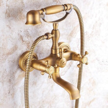 Wall Mounted Bath Mixer Taps With Shower Head Vintage, 2 Hole Double Cross Handle Antique Brass Finish