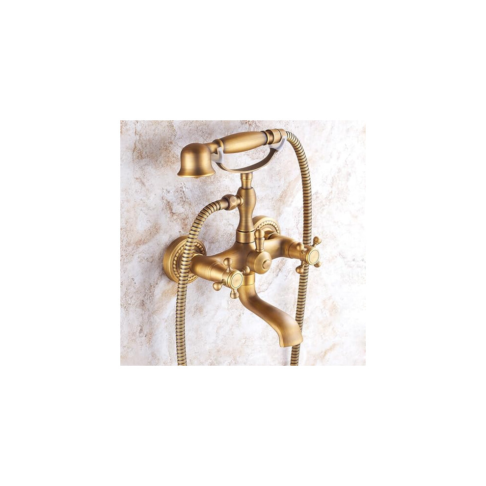 Wall Mounted Bath Mixer Taps With Shower Head Vintage, 2 Hole Double Cross Handle Antique Brass Finish 9393856100637