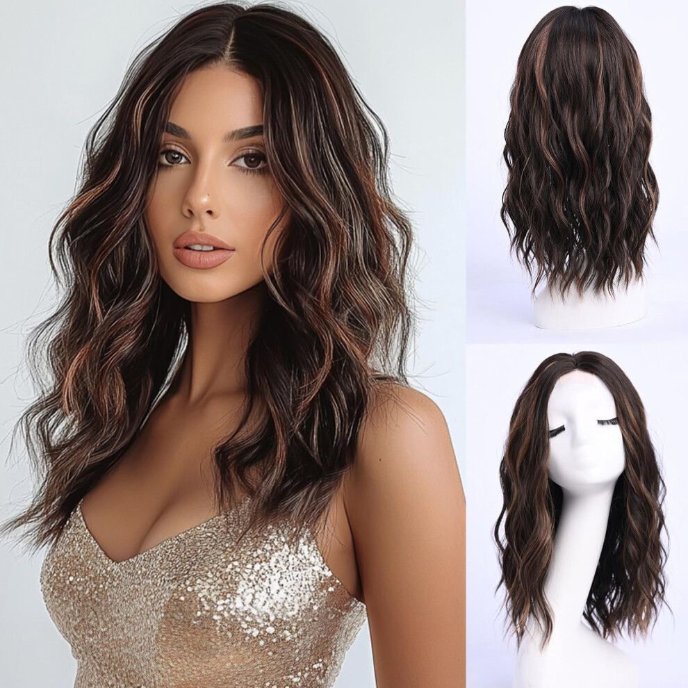 Unisex Brown Dark With Highlight Medium Length Wigs, Middle Part Synthetic Hair, Wavy Highlights, 18 Inch
