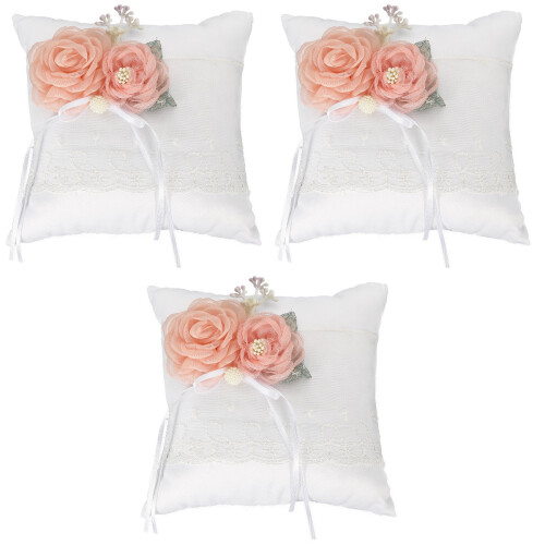 3Pcs Wedding Ring Pillow White Cushion With Flower Holder 2