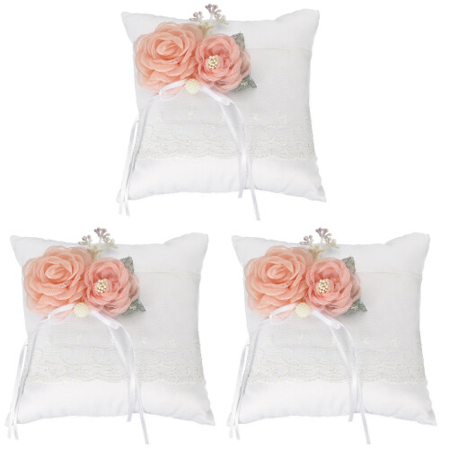 3Pcs Wedding Ring Pillow White Cushion With Flower Holder 1