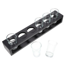 Set Of Glass Cups With Wooden Rack For Wine Storage