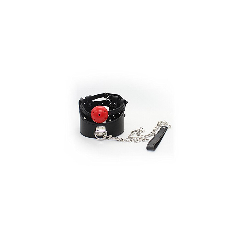 Black/Red Mouth Plug Leather Neck Sleeve Gag With Metal Chain Rope Restraint Slave Sm Game