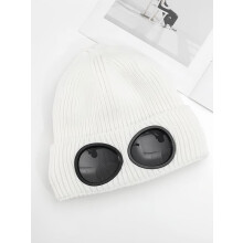 (Off White, one-size) Unisex Solid Color Goggle Lens Design Beanie Hat, Casual Soft Comfortable Beanie for Fall & Winter, Fashion Accessories for Both Men & Women