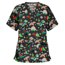 Christmas Women Nursing Uniform Scrub Short Sleeve T-shirt Dinosaur Black