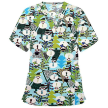 Christmas Women Nursing Uniform Scrub Short Sleeve T-shirt Xmas Blouse Tee Tops Green