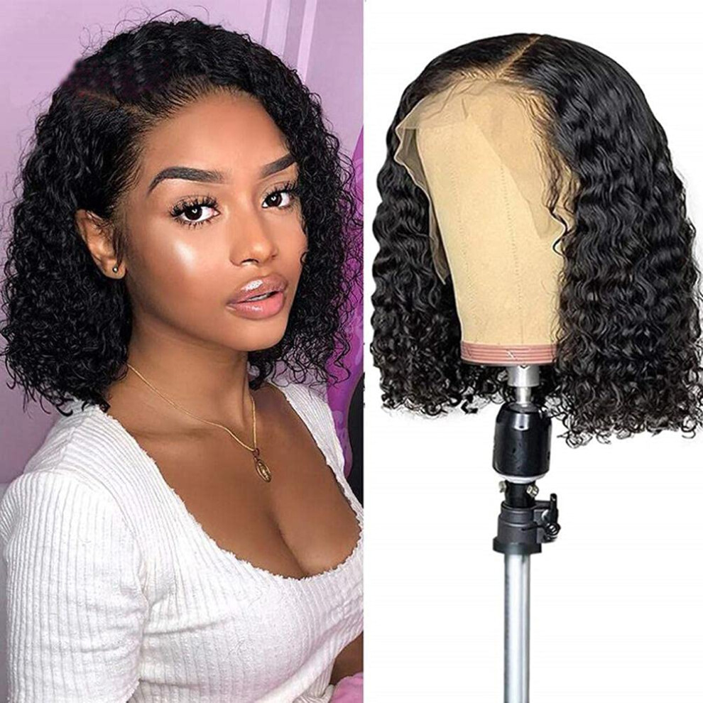 Brazilian Virgin Human Hair Lace Wigs 14 Inch Short Wavy Deep Wave Lace Frontal Natural Black 150% Density