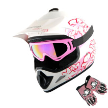 WOW Youth Kids Motocross Helmet BMX MX ATV Dirt Bike Hjelm Pink Blomma + Goggles + MG Ungdom Pink Handskar Paket