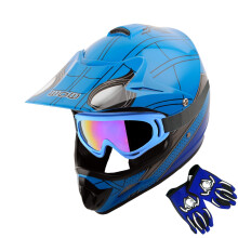 WOW Youth Kids Motocross Hjälm BMX MX ATV Dirt Bike Hjälm Spider Blue + Goggles + MG Youth Blue Handskar Paket