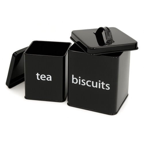 Oypla Oypla 5 Piece Black Kitchen Canister Storage Tin Set Bread Biscuits Tea Sugar Coffee 1
