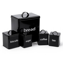 Oypla 5 Piece Black Kitchen Canister Storage Tin Set Bread Biscuits Tea Sugar Coffee