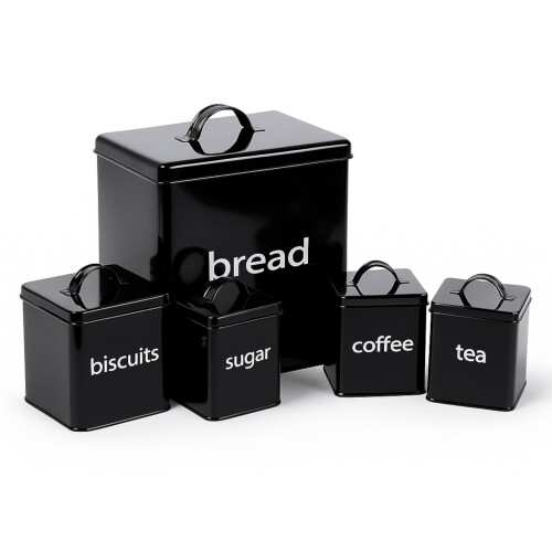 Oypla Oypla 5 Piece Black Kitchen Canister Storage Tin Set Bread Biscuits Tea Sugar Coffee